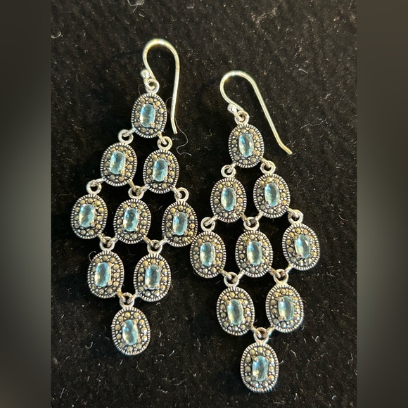 WOLF & BADGER Sterling Silver Sapphire Cubic Zirconia Dangle Chandelier Earrings - Picture 6 of 9